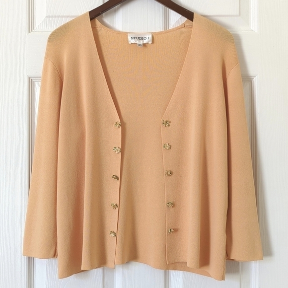 Studio 1 Sweaters - Studio 1 Y2K Vintage Thin Silky Floral Embellished Open Front Cardigan Peach 12